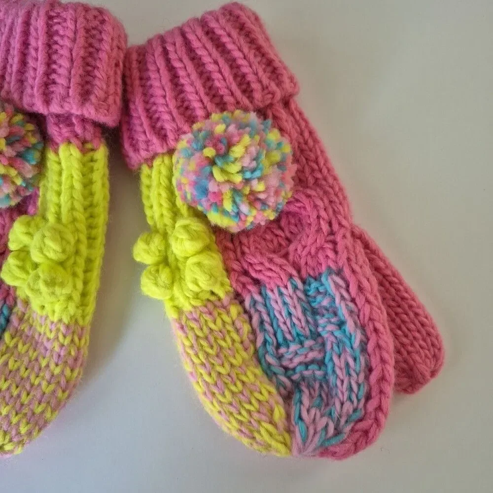 Handmade Pink Yellow Blue Pom Pom Crochet Mittens Womens Small or Girls Large